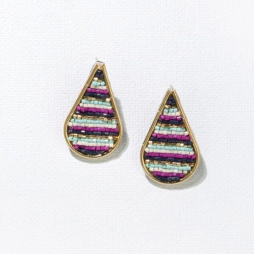 NAVY MAGENTA STRIPE BEAD EMBROIDERED DROP POST EARRING 1.5"